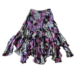 Dana Buchman Y2K Silk Asymetrical Midi Skirt Vtg Floral Print Flowy Flare Size 4